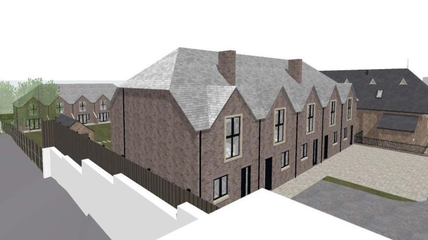 
An artist's impression of the new housing, showing two rows of five houses at the back of the school house.