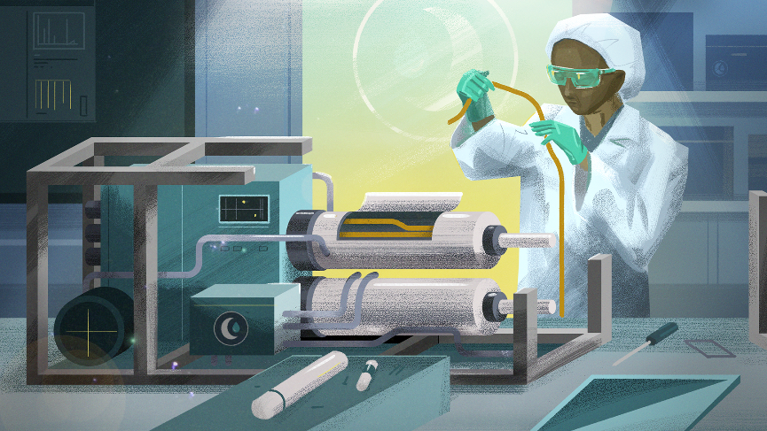 An illustration showing a scientist working with tubes and wires 