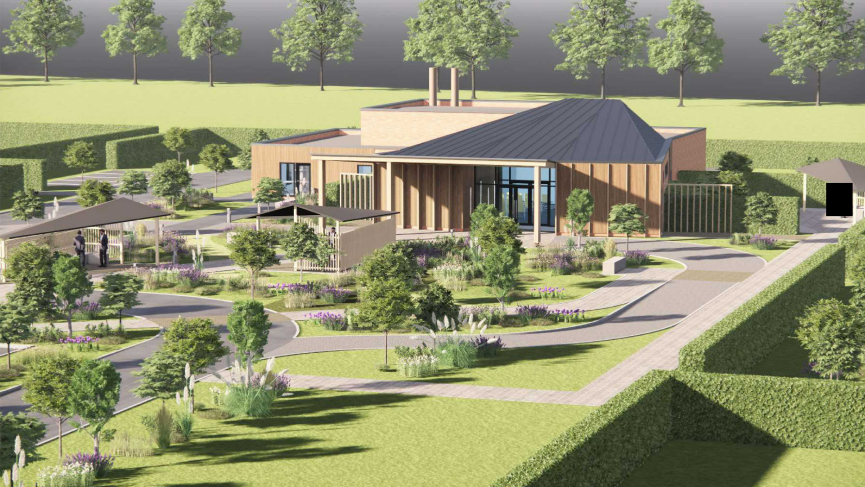A CGI of a crematorium at a distance, with numerous trees and grassland.