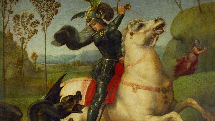 A 16th Century painting depicting St George in grey armour and astride a horse, swinging a sword towards a dark-coloured dragon.