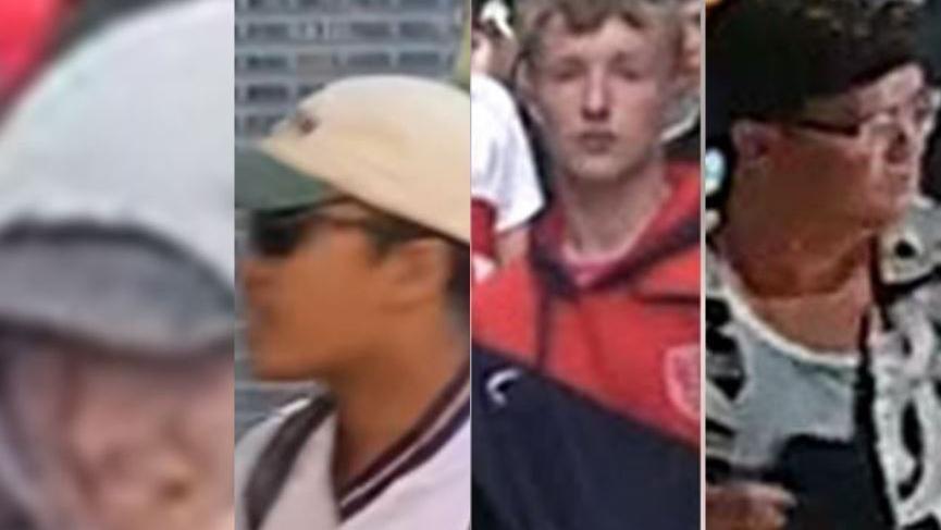 CCTV images of four men related to disorder in Hull. One is wearing a grey hoody and grey cap; the other a white V-neck t-shirt with a white cap and sun glasses; One has a red hoodie on with short hair and a fourth has dark hair and glasses.