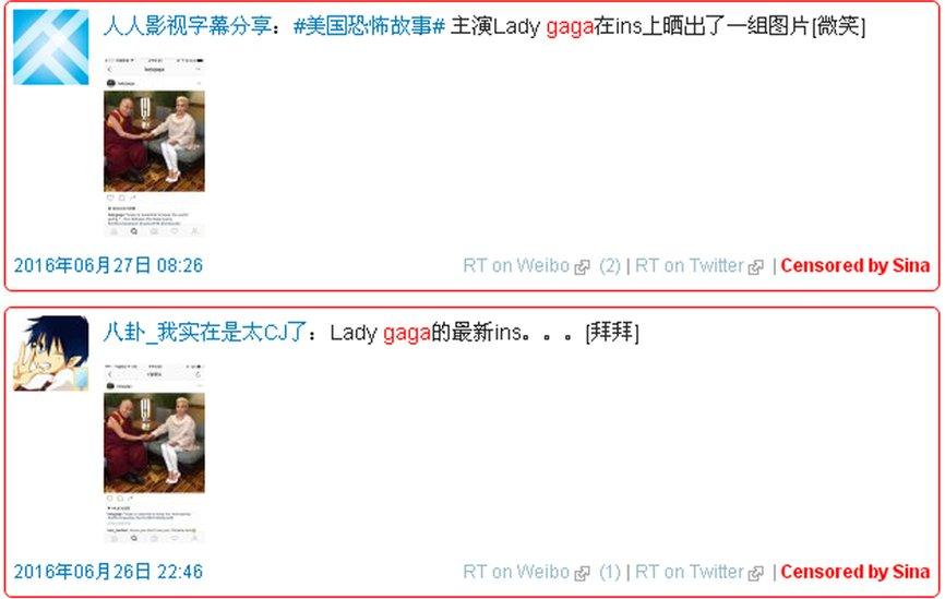 People sharing Lady Gaga's Instagram picture had their posts removed from Sina Weibo