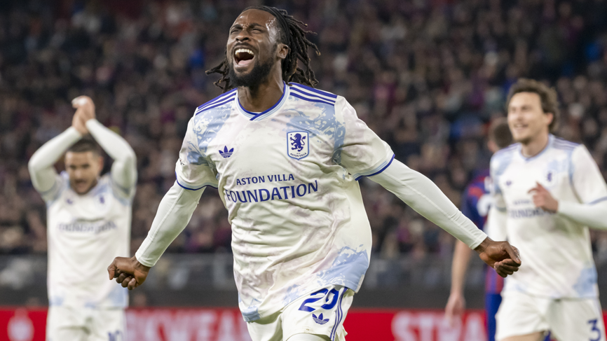 Evann Guessand celebrates after scoring for Aston Villa against Basel in the Europa League