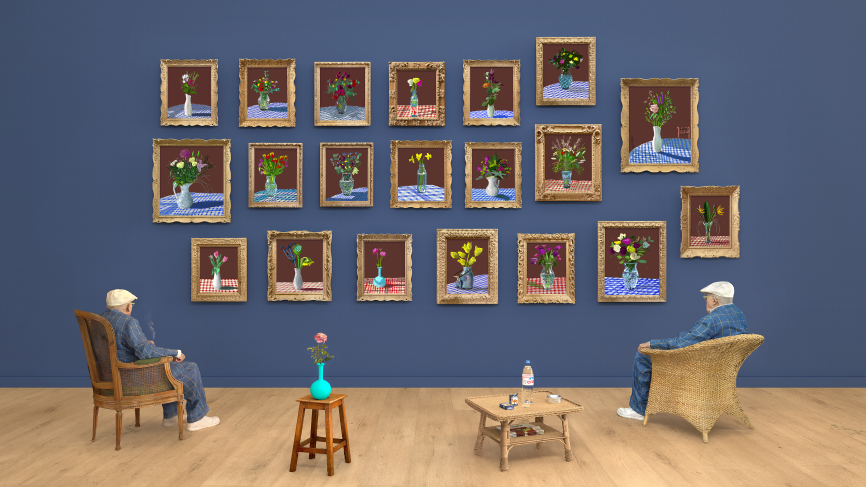 David Hockney 25th June 2022, Looking at the Flowers (Framed) - an iPad-created drawing features two images of the artist looking at pictures of flowers on a wall.