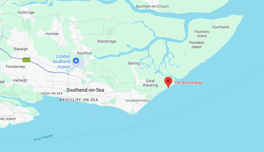 A map shows the location of the start of the Broomway path in relation to Foulness Island, Southend-on-Sea and the surrounding area