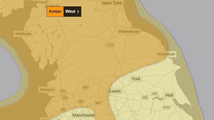 A map of northen England showing the areas covered by the amber weather warning.