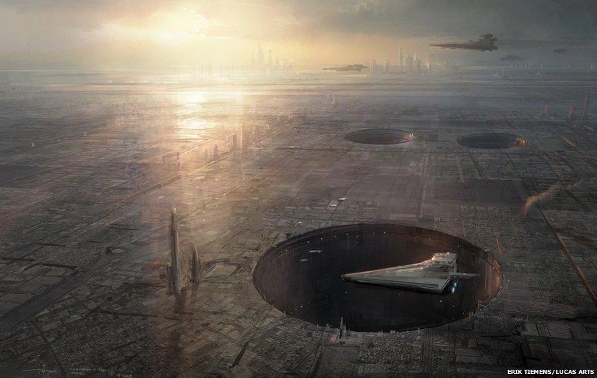 Erik Tiemens: Coruscant surface Imperial Portal. Concept art for Star Wars 1313 proposed video game (Digital)