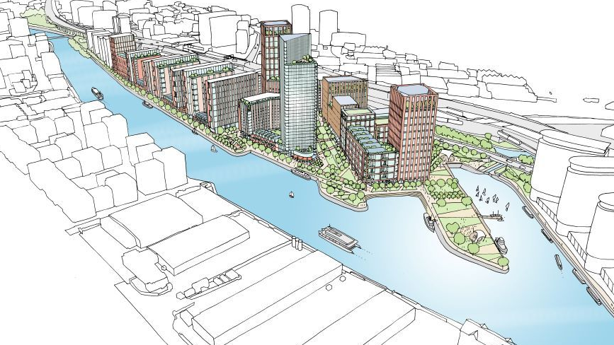 An architectural, birds eye sketch of what Pomona Island could look like. Tall, glass buildings sit on the Island with greenery surrounding it. 