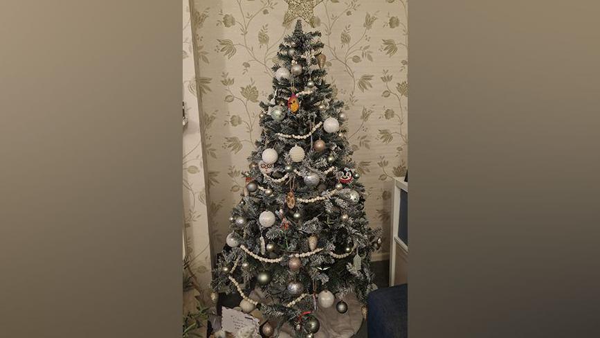 A Christmas tree with white and silver baubles. 