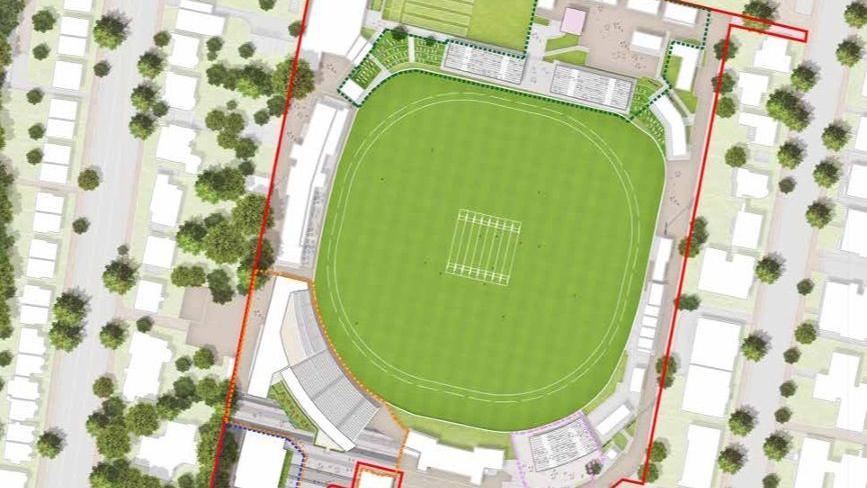 Architectural plans show a cricket stadium with red lines drawn around it. 