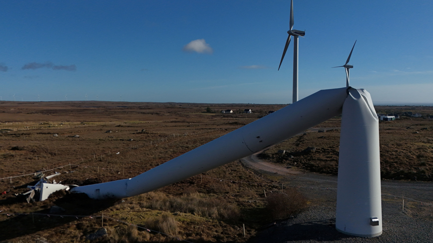 A wind turbine is partially collapsed from high winds during Storm Éowyn in the Republic of Ireland. 