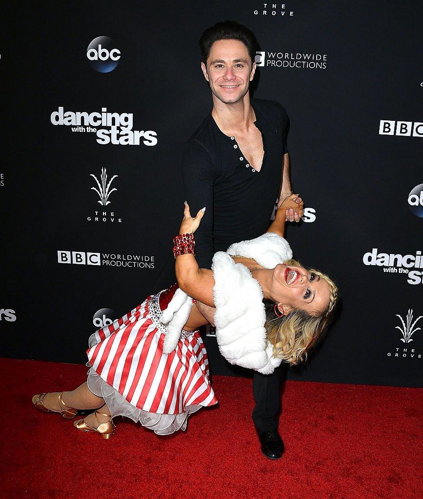 terra jolé with her partner sasha farber at a promotional event for dancing with the stars