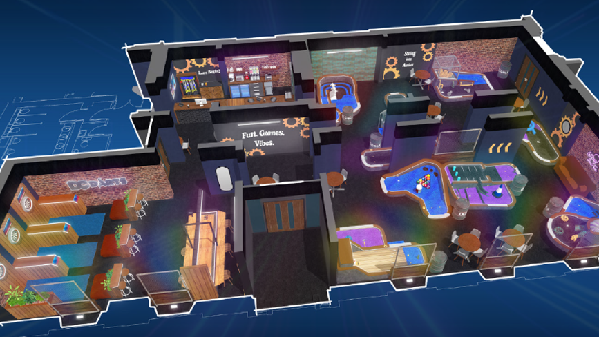 A CGI plan of the entertainment space. A room to the left has three dart boards and two shuffleboards. There is a reception area and to the right a nine-hole mini golf course.