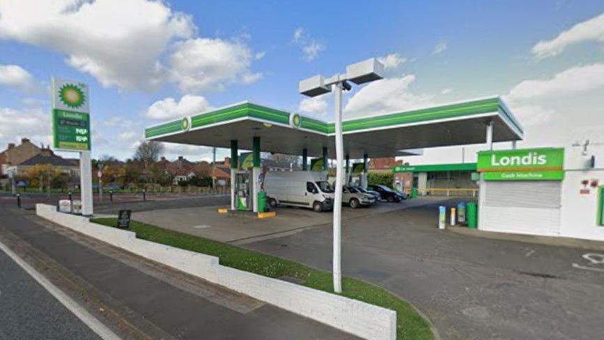 Google screengrab of the BP garage on the A167 at Ferryhill. Several vehicles are parked at petrol pumps. The building has green BP branding and a low white wall runs along the front.