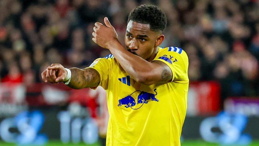 Junior Firpo celebrates after scoring at Bramall Lane