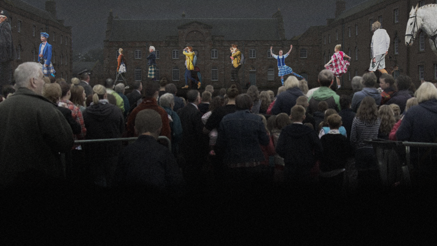 A mock up of an artistic performance planned for Berwick barracks which shows colourful figures projected on the walls with a computer generated audience watching 