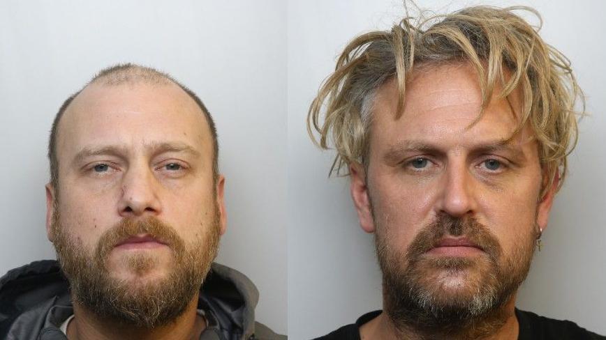 Mugshot of Goodman who has a bald head and ginger beard, next to mugshot of Saunders who has big blonde hair and brown beard.