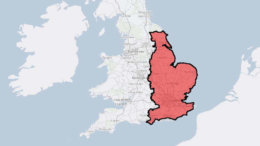 A map of England showing the exclusion zone in red extending eastwards from the Isle of Wight in the South to North Yorkshire