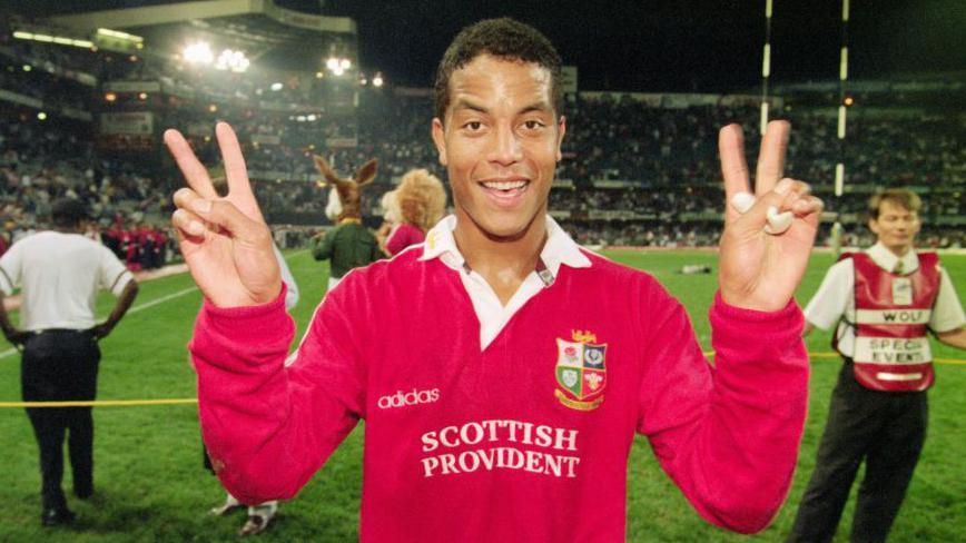 Jeremy Guscott smiling to the camera during the 1997 tour to South Africa