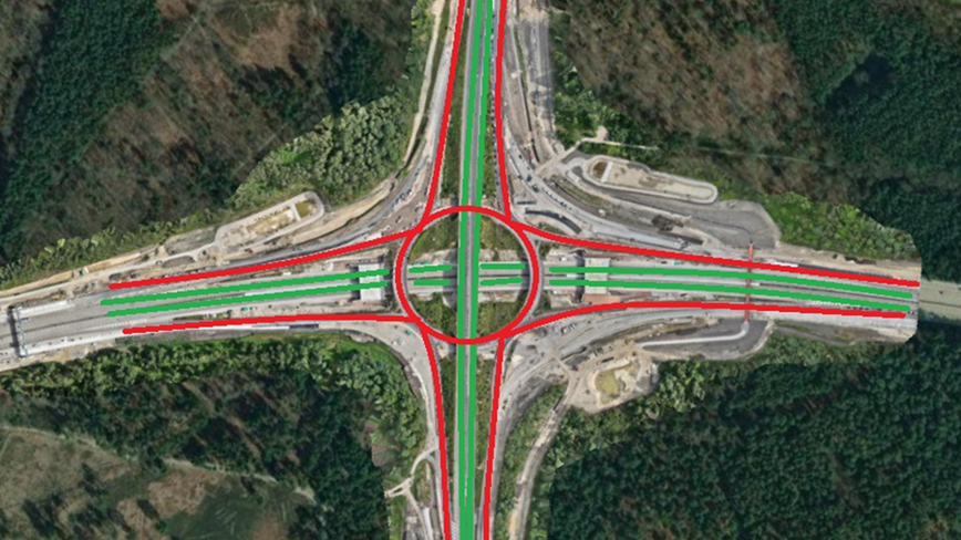 An aerial view of the A3/M25 gyratory system, with roads that are due to be closed highlighted in red, while the main carriageways which will stay open are highlighted in green.