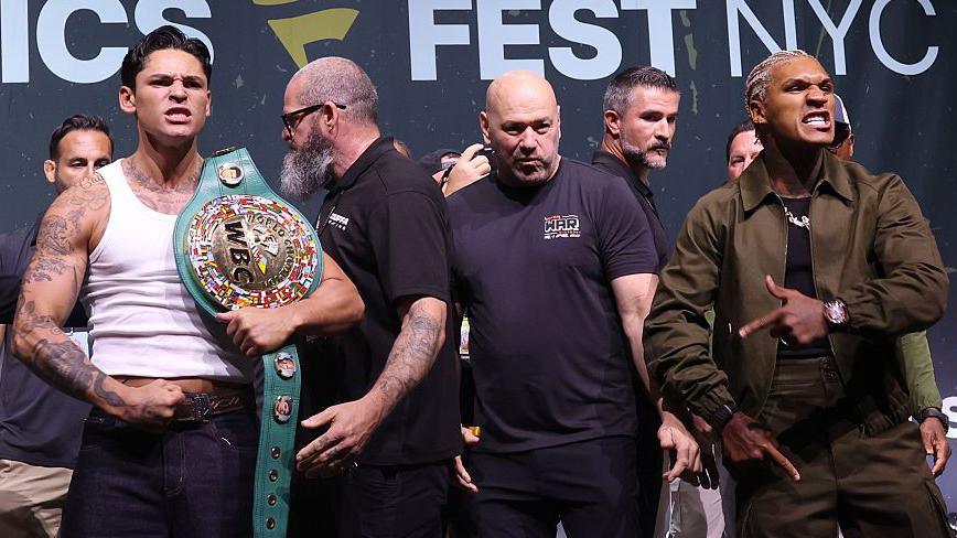 Ryan Garcia, Dana White and Conor Benn pose for pictures at the Zuffa Boxing news conference on 18 July 2026