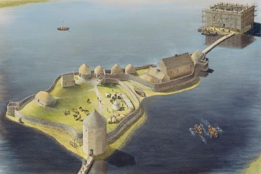 A visualisation showing the previously unknown castle at Finlaggan. It shows two small islands in a loch. The nearest one has thatched roof buildings and a conical-shaped tower. The furthest island has a stone keep and is connected to the other island by a bridge.