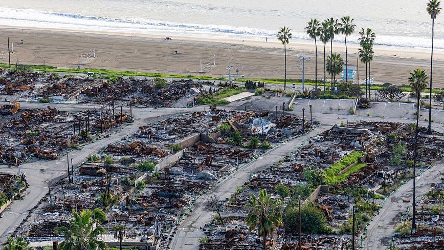 Lines of destroyed homes can be seen with the ocean and palm trees sitting in the background 