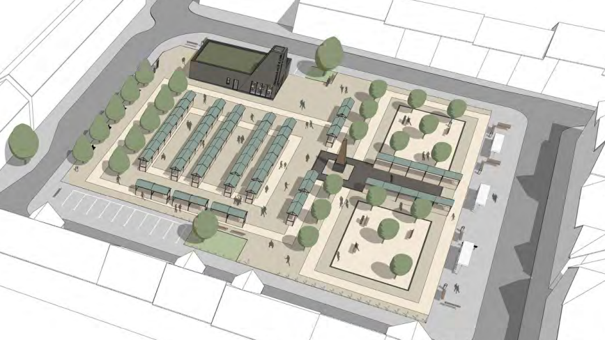 An artists impression of Shirebrook market place from the air, showing neat lines of stalls and a pavilion in the corner