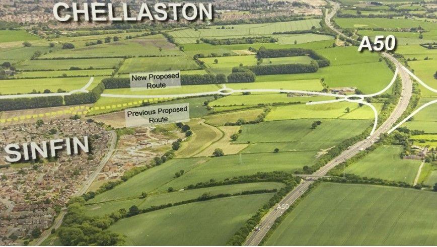 An aerial photograph of green fields near the A50 in Derbyshire, which shows the route of a new link road. 