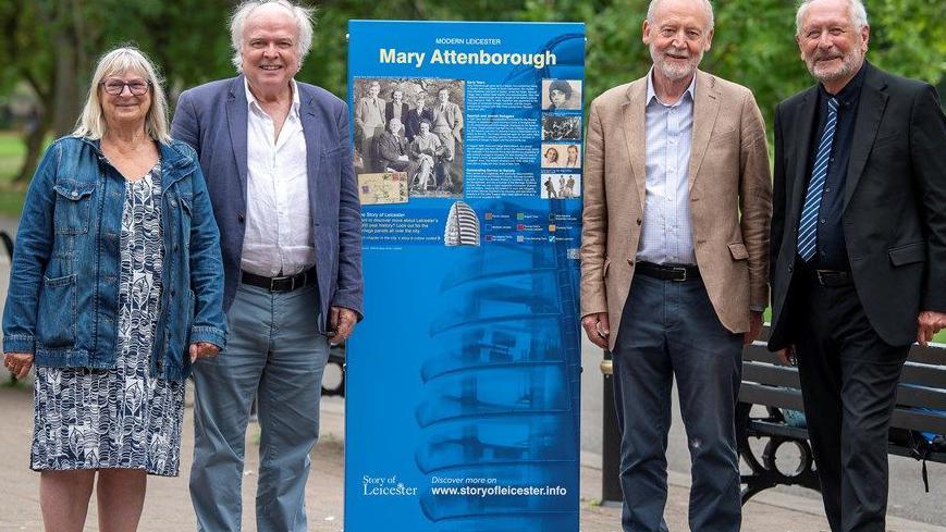 left to right Councillor Vi Dempster, Michael Attenborough CBE, Dr Robert Attenborough and city mayor Peter Soulsby with the new heritage panel

