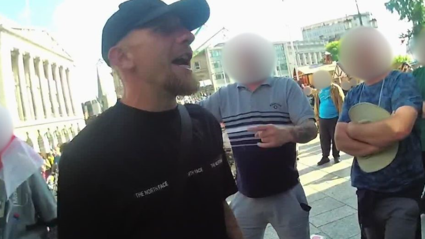 Body-worn camera image of Stephen Wilson during disorder at the protest in Nottingham