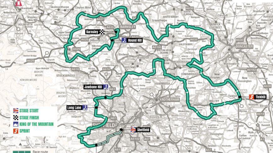 The South Yorkshire stage three route of the Tour of Britain