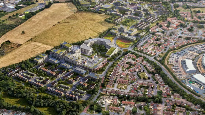 An aerial photo of an artist's impression of the new site next to GCHQ with a central horseshoe shaped centre surrounded by housing and fields 