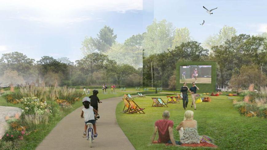 A depiction of the Pier Gardens regeneration scheme with deck chairs on one side of the grass and two children cycling along a path in the middle with flower beds on the other side.