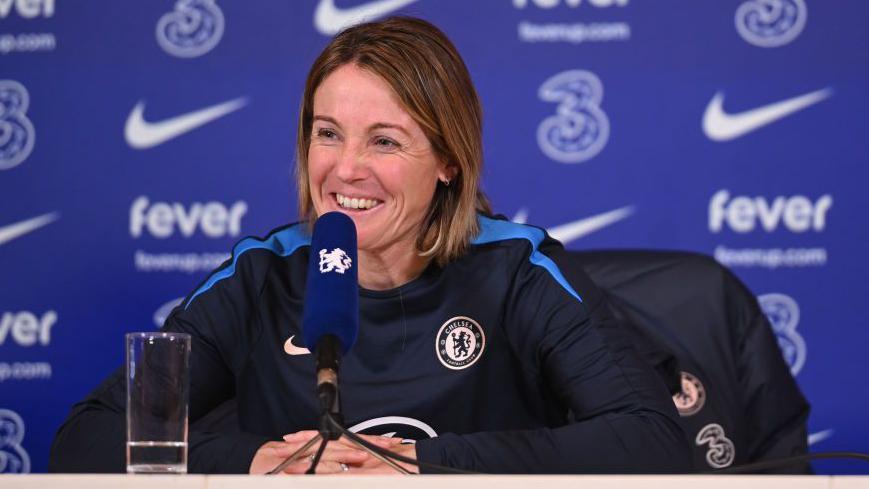 Chelsea manager Sonia Bompastor during a press conference.