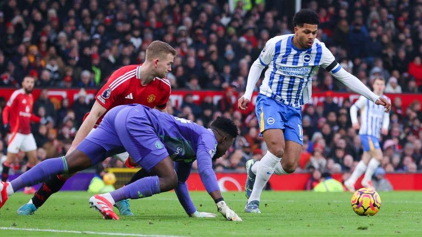 Georginio Rutter prepares to fire the ball into the net for Brighton at Old Trafford