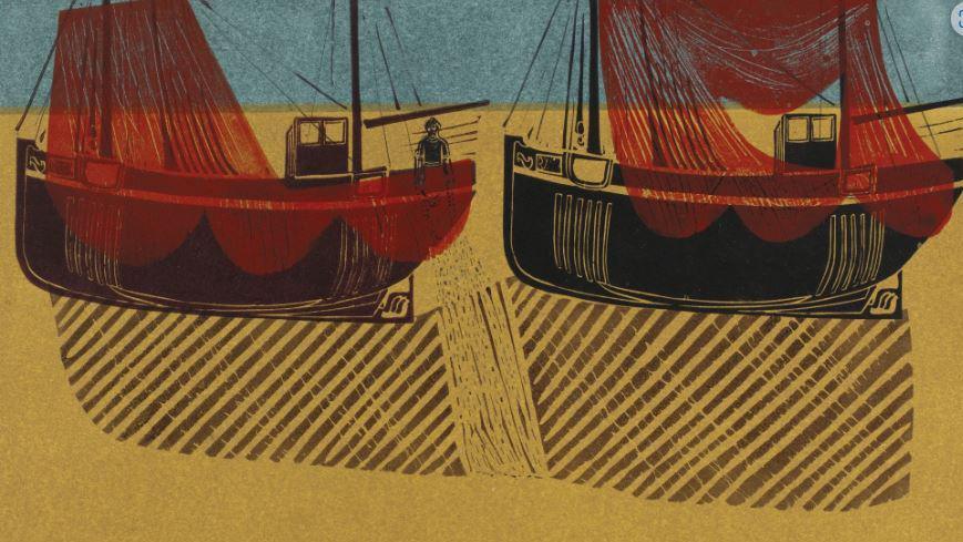 Print of two fishing boats on the beach, with red nets hanging on the masts and over the sides of each boat