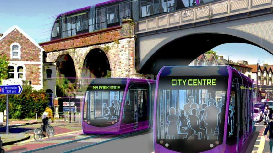 Purple trams moving along Gloucester Road's famous arches. Other transport including cars and bikes are in the background.