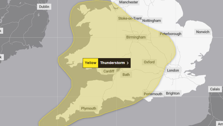 Map of south west Great Britain showing a yellow area saying thunderstorm covering covering most of the map 