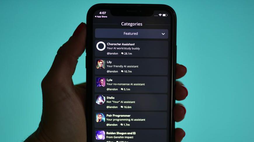 A photo of the Character.ai app on a phone - the screen shows a list of ai avatars.