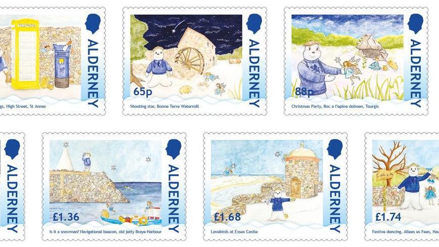 Picture fully shows four of the Alderney Christmas stamps and parts of another three. Each one has 'Alderney' written down the right hand side under King Charles III's head. The illustrations show a snowman wearing a blue top with a blonde hedgehog and shooting star at Bonne Terre Watermill (65p), with a fairy at a Christmas party at Roc a l'opino dolmon Tourgis (88p), looking at a navigational beacon at old jetty, Braye Harbour (£1.36) and with lovebirds at Essex Castle (£1.68).