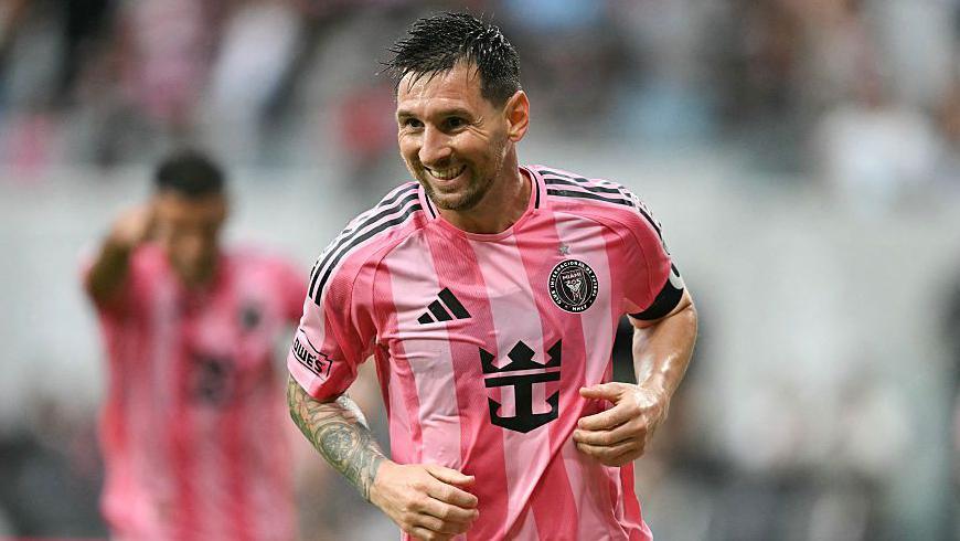 Inter Miami's Lionel Messi in the club's pink striped shirt