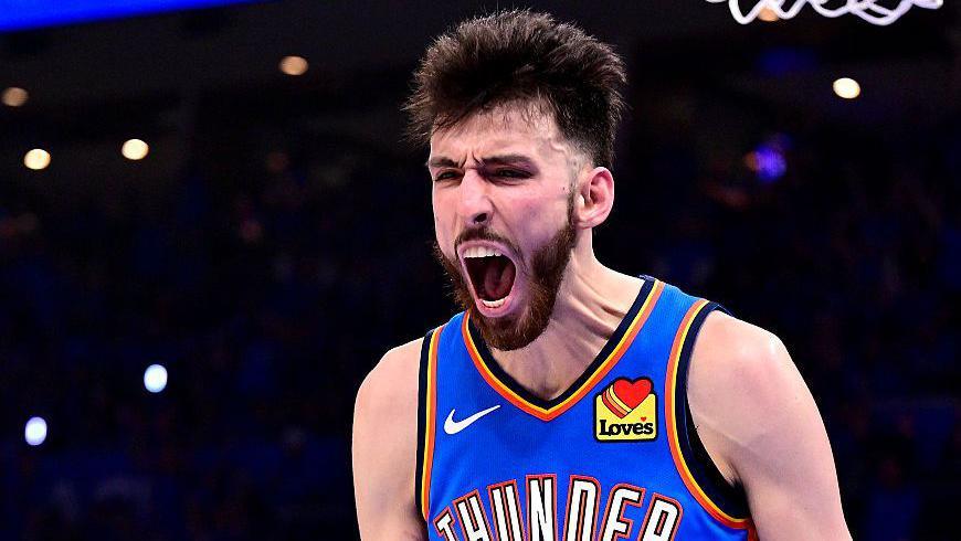 Chet Holmgren celebrates after scoring for the Oklahoma City Thunder during game one of their NBA play-off series with the Los Angeles Lakers in May 2026