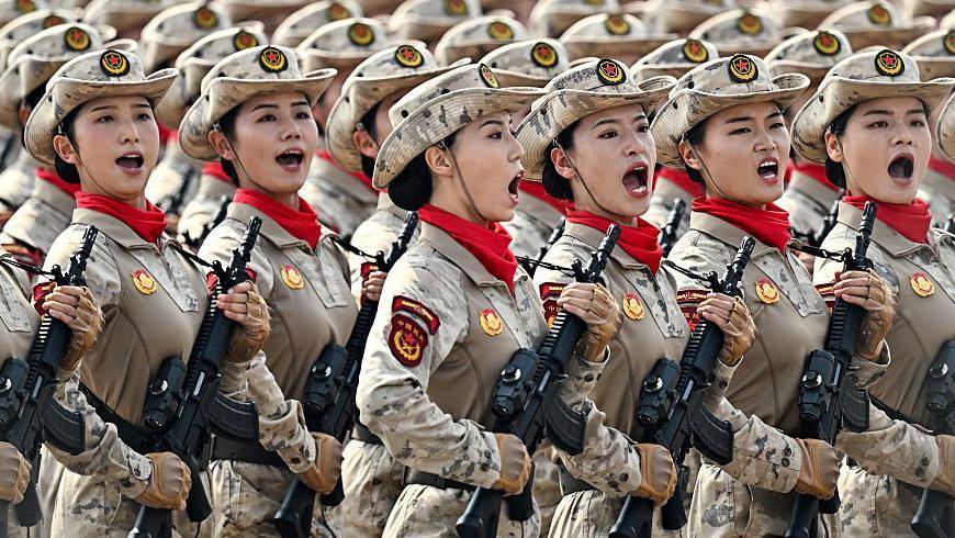 Chinese female troops march during a parade to mark the 80th anniversary of the end of the Second World War in Asia.