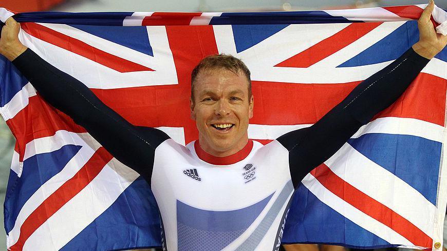 Sir Chris Hoy celebrates with the Union Jack after winning the final of the Men's Keirin Track Cycling on Day 11 of the London 2012 Olympic Games