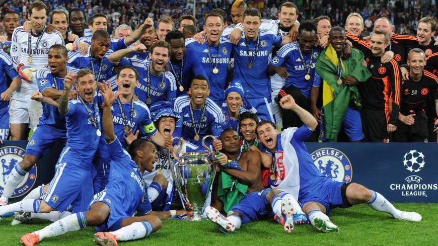 Chelsea players celebrate winning the Champions League against Bayern Munich in 2012