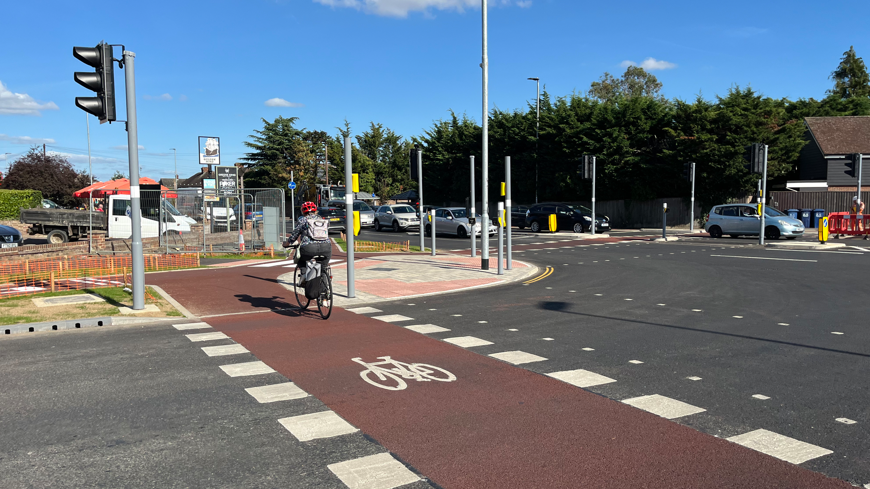 Cyclops junction in Cambridge - with a cyclist using a lane