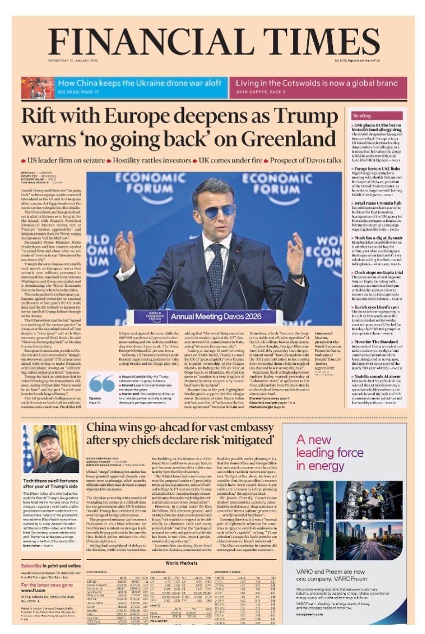 Titulli në faqen e parë të Financial Times thotë: “Përçarja me Evropën thellohet ndërsa Trump paralajmëron se ‘nuk ka kthim pas’ për çështjen e Grenlandës”.