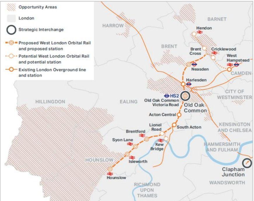 A map of the proposed new overground line that trails through West London's suburbs.