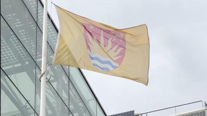 Suffolk flag flying outside the county council offices. It is a yellow flag on a white flag pole.